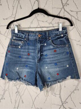 No Boundaries Red White Blue Stars Embroidered High Rise Jean Shorts
